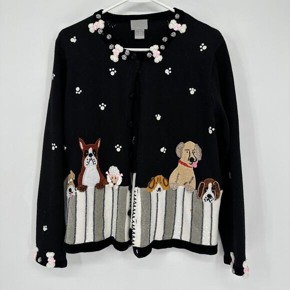 berek Sweaters - Berek Sweater Womens Medium Black Cardigan Beaded Dog Applique Novelty Paw Print